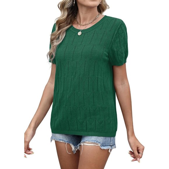 Women Short Sleeve Green Sweater Round Neck Summer Work Beach Vacation Top - Picture 4 of 5